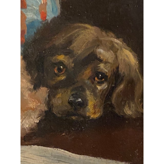 1960s Portrait Painting of Sweet Girl With Pup and Parrots For Sale - Image 9 of 10