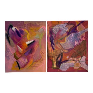 Vintage Contemporary Abstract Expressionism Diptych Original Oil Paintings, a Pair, Magenta, Orange & Plum For Sale