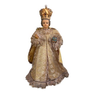 Vintage Child Jesus of Prague Religious Statue With Crown & Embellished Lace Robes For Sale