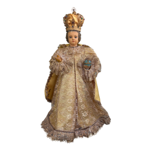 Vintage Child Jesus of Prague Religious Statue With Crown & Embellished Lace Robes