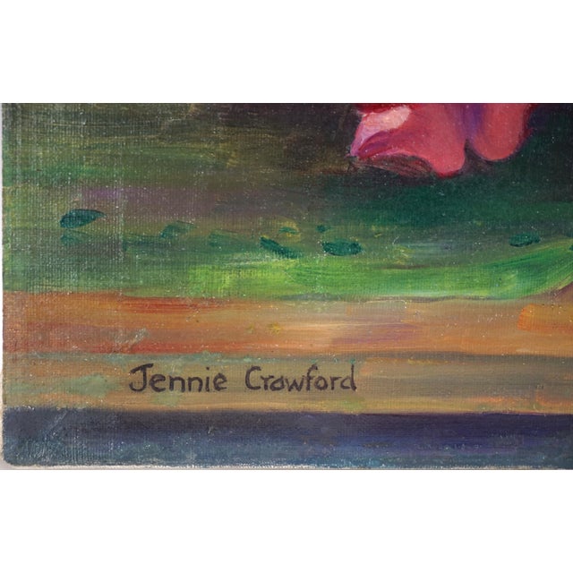 1930s Vibrant Floral Still Life With Petunias and Candle Stick by Jennie Thatcher Crawford For Sale In Monterey, CA - Image 6 of 7
