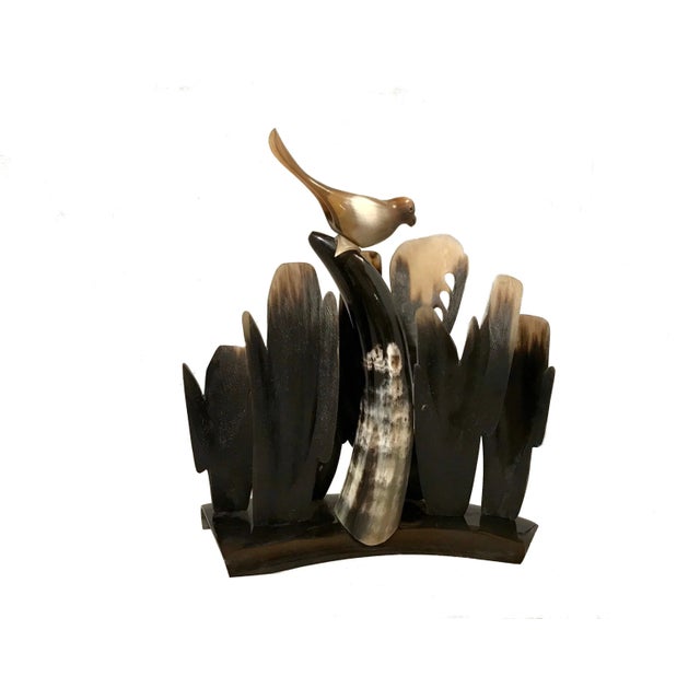 Intricate Italian Mid Century Bird on Cactus Animal Horn Sculpture. This one of a kind sculpture is made of hand carved...