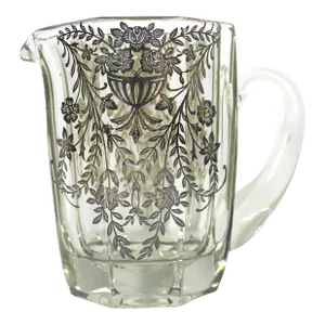Antique Glass Pitcher With Silver Overlay and Silver Rim