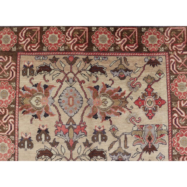 Ivory Vintage Oushak Rug From Turkey With All-Over Floral Design in Ivory, Brown & Red For Sale - Image 8 of 13