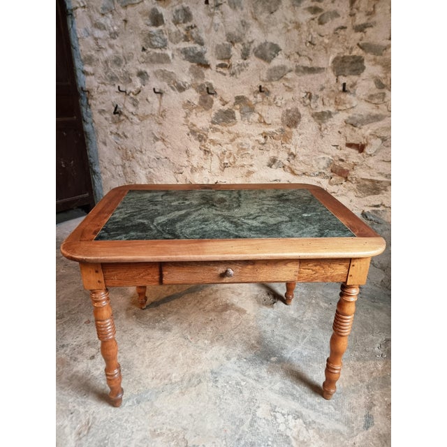 Rustic French Oak and Walnut Dining Table with Marble Top For Sale - Image 3 of 18