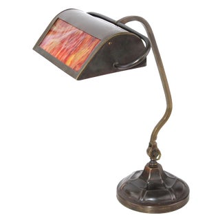 Bankers Lamp in Brass with Colored Glass Insert, 1920s For Sale