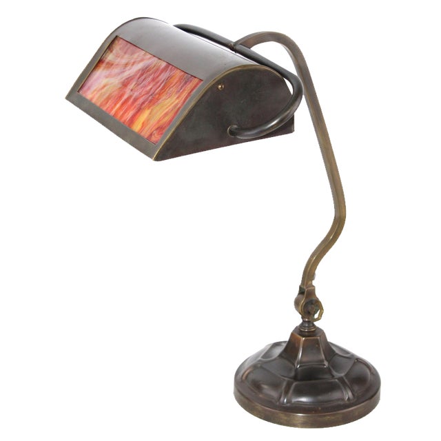 Bankers Lamp in Brass with Colored Glass Insert, 1920s For Sale