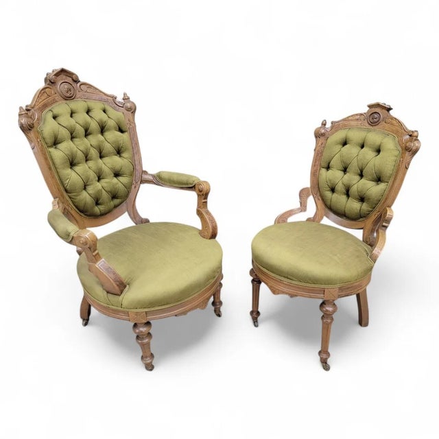 John Jelliff Antique Victorian John Jelliff Style Tufted Parlor Chairs - Set of 2 For Sale - Image 4 of 10
