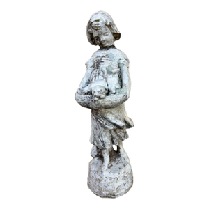Vintage Concrete Garden Statue, Girl With Puppies in Basket