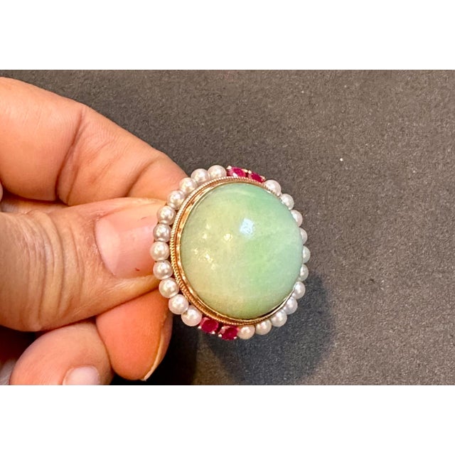 Vintage Natural Jade Earring & Ring Set + Natural Pearls, 14 K Yellow Gold 48 Gm For Sale - Image 4 of 18