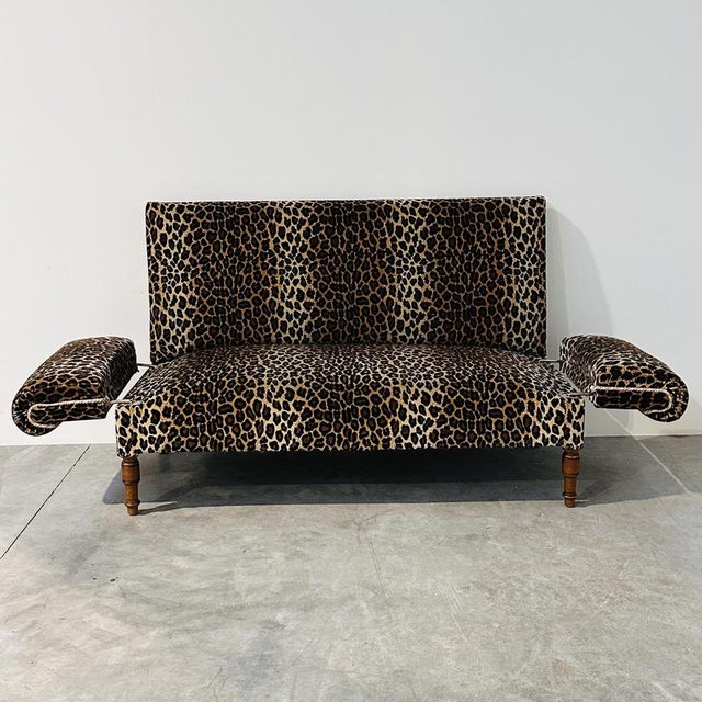 Vintage Leopard Velvet Sofa with Drop-Down Arms, France For Sale - Image 6 of 14