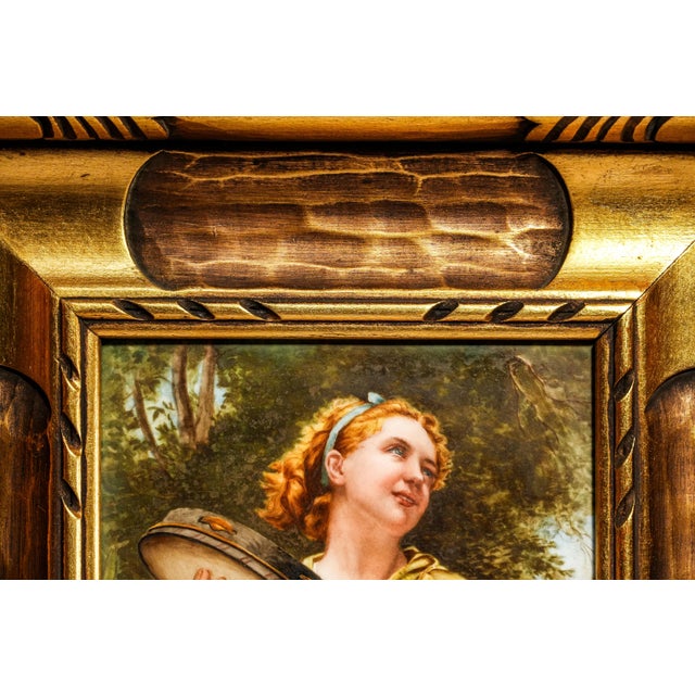 Art Nouveau Maiden Antique German Porcelain Tile Painting Carved Wood Frame For Sale - Image 11 of 15