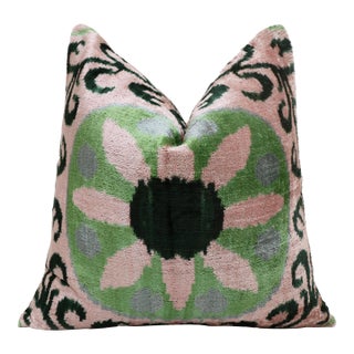 Luxury Blush & Sage Silk Velvet Throw Pillow 20x20 | Handmade Botanical Designer Cushion For Sale