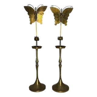Antique Brass Butterfly Candlestick Holders: Oriental Floral Etched Decor For Sale
