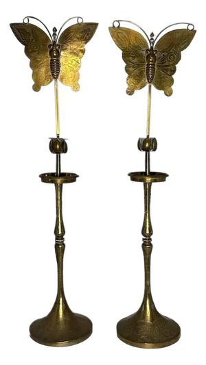Antique Brass Butterfly Candlestick Holders: Oriental Floral Etched Decor