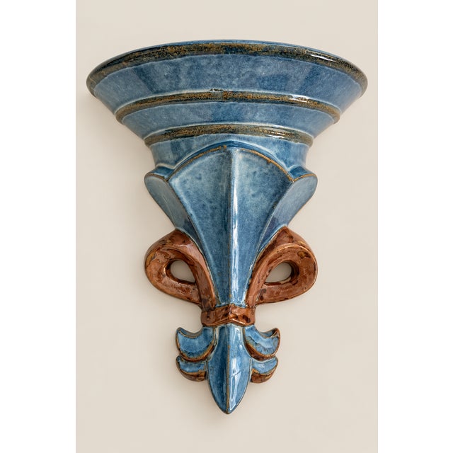 Vintage Ceramic Wall Brackets Sconces Fleur-De-Lis Blue and Brown Glazed – A Pair For Sale - Image 4 of 8