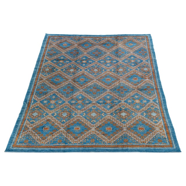 Modern Moroccan Style Hand-Knotted Wool Area Rug in Sky Blue and Terracotta For Sale - Image 4 of 12