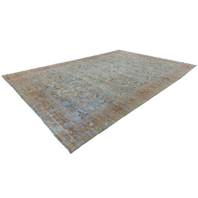 Traditional Antique Mahal Wool Rug in Muted Muted Sky Blue and Terracotta For Sale - Image 3 of 11