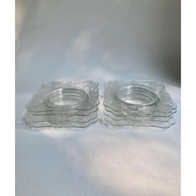 Set of 8 Clear Floral Etched Small Square Scalloped Glass Plates, 1930 ...
