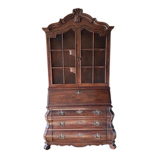 1980s Henredon Four Centuries Slant Front Bombe Secretary With Lighted Bookcase For Sale
