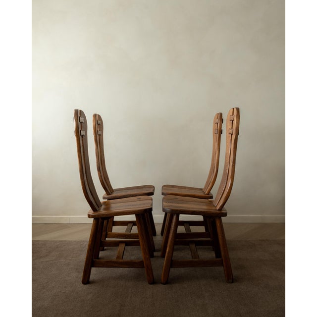 Mid-Century Modern Brutalist Oak Dining Chairs with Sculptural High Backs by De Puydt, 1960s, Set of 4 For Sale - Image 3 of 18