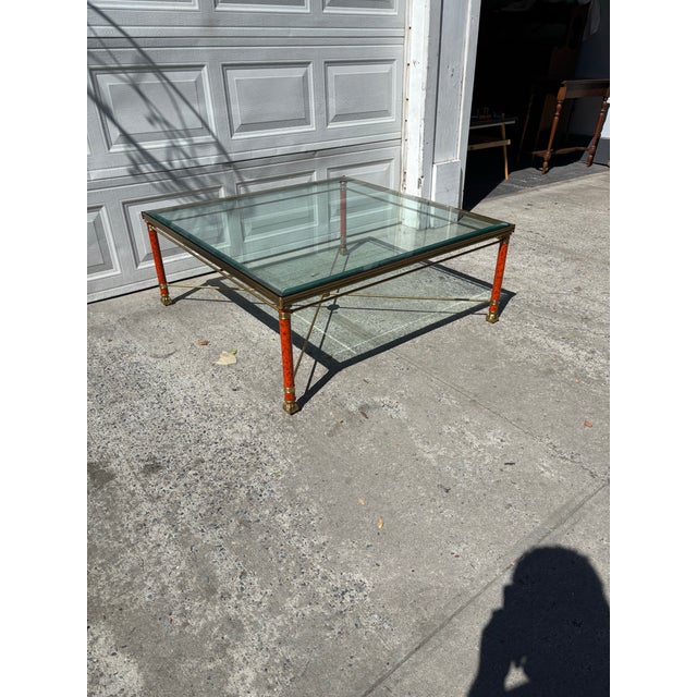 Hollywood Regency Mid 20th Century Hollywood Regency Neoclassical Brass & Faux Tortoise Bamboo Coffee Table With Glass Top For Sale - Image 3 of 12