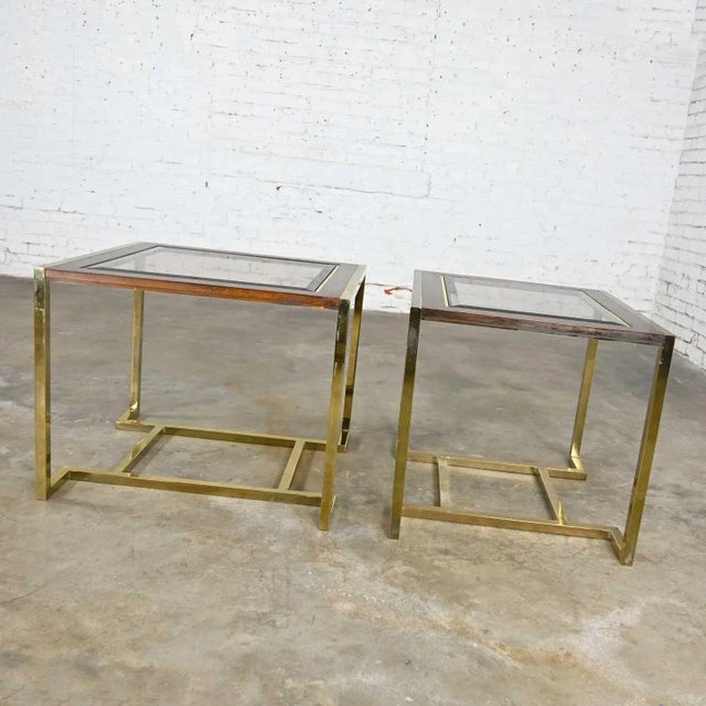 Wood Modern End Tables 2 Sizes Brass Plated Dark Wood & Smoked Glass Rectangles by Thomasville Furniture Style of Milo Baughman, a Pair For Sale - Image 7 of 17