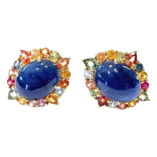 Bochic “Capri” Vintage Sapphire & Multi Tourmaline Earrings Set In 18K Gold & Silver For Sale
