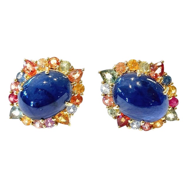 Bochic “Capri” Vintage Sapphire & Multi Tourmaline Earrings Set In 18K Gold & Silver For Sale