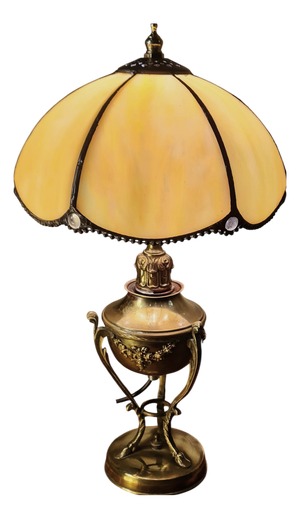 Antique Brass Oil Lamp in Glass with Lead Lampshade, 1880