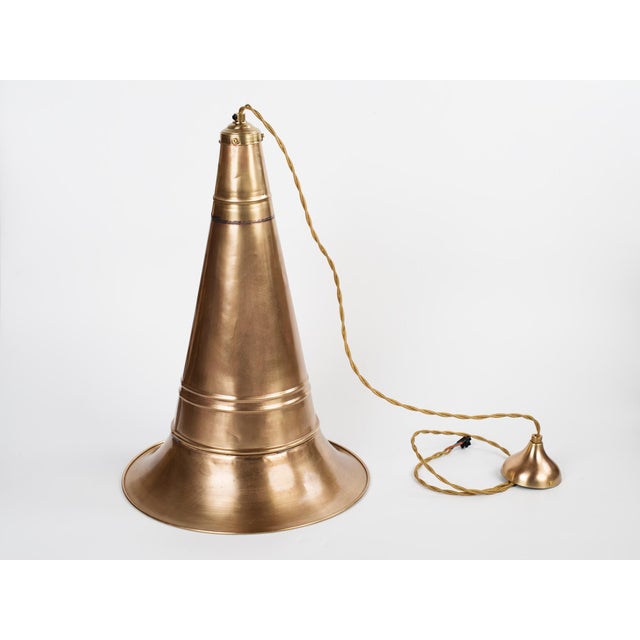Mid-Century Modern 1930s Mid-Century Modern Elegant Brass Phonograph Horn Pendant Light – Restored For Sale - Image 3 of 7