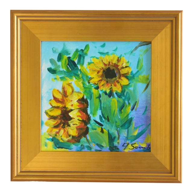 Impressionist Yellow Sunflowers Floral Oil Painting W/. Antiqued Gold Wood Frame For Sale