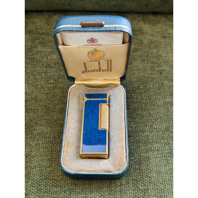 Metal Rare Vintage Dunhill Gold Plated Blue Marble Lacquer Lighter Original Sky Case For Sale - Image 7 of 8
