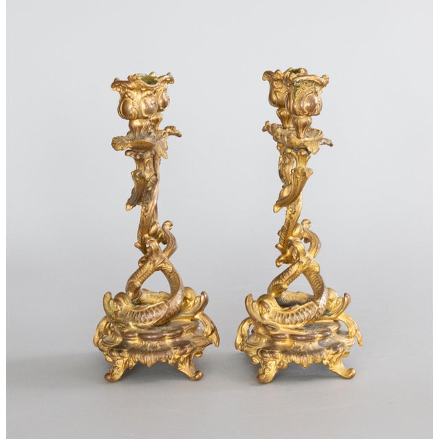 19th Century French Rococo Gilt Bronze Dolphin Candelabras - A Pair For Sale - Image 4 of 13