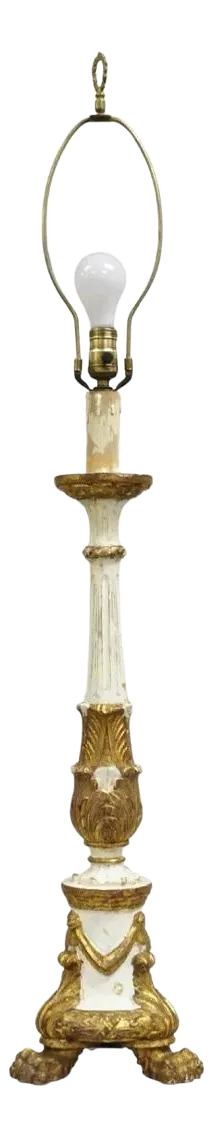 Antique Italian Neoclassical Carved Gold Giltwood White Candlestick Table Lamp