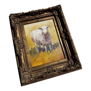 1980s Vintage Framed Oil Painting of a Sheep – Ornate Baroque Gold Frame For Sale