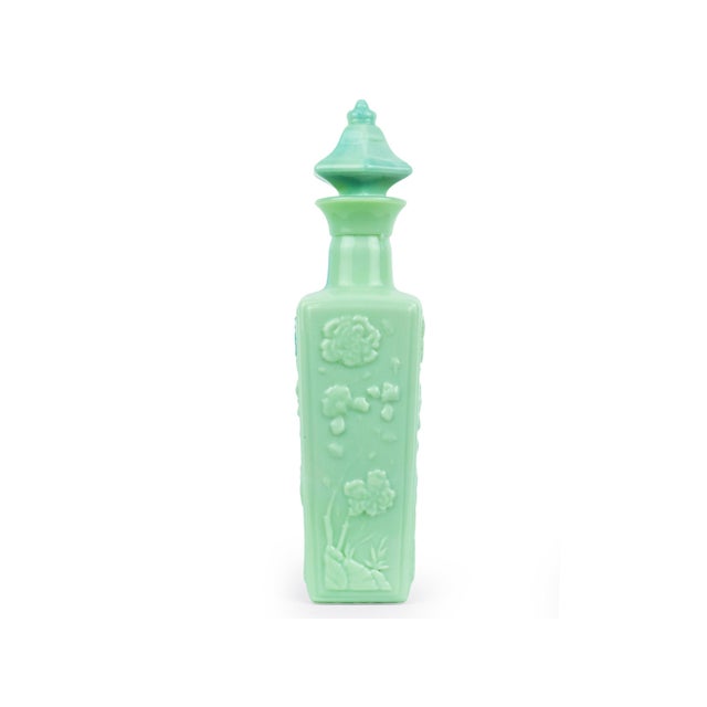 Mid-Century Modern Mid 20th Century Jadeite Green Slag Glass Decanter With Pagoda Stopper and Embossed Floral Design For Sale - Image 3 of 8