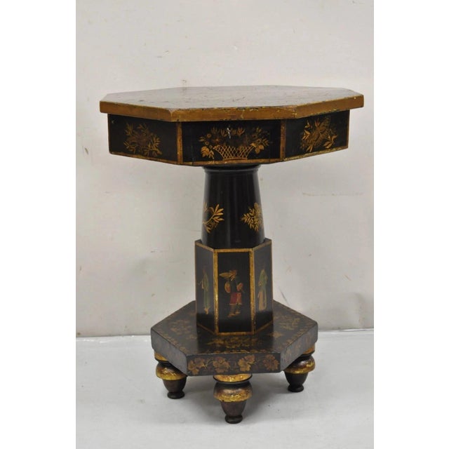 Antique Chinoiserie Hand Painted Pedestal Base Oriental Sewing Stand Side Table For Sale - Image 12 of 12