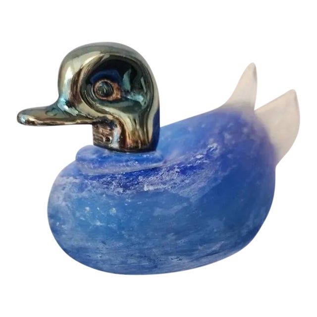 1970s Frosted Murano Glass & Silverplate Blue Bird Figurine, Signed For Sale