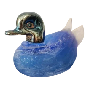 1970s Frosted Murano Glass & Silverplate Blue Bird Figurine, Signed