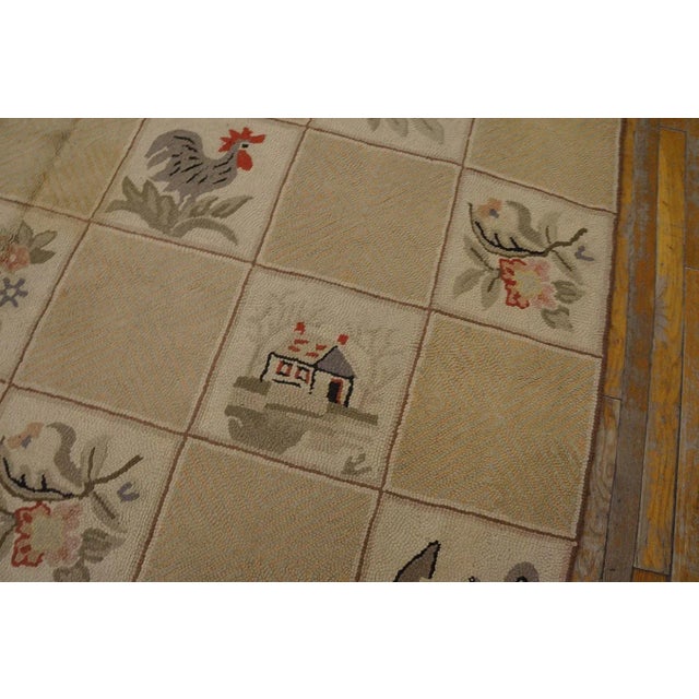 Textile 1930s Beige Rose Animal Folk Art Antique American Hooked Rug 10'0" X 13'9" Woven Wool Carpet For Sale - Image 7 of 9