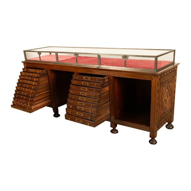 Antique Art Deco Jewelry Store Display Case Counter Walnut Bronze Glass 1920 For Sale - Image 15 of 18