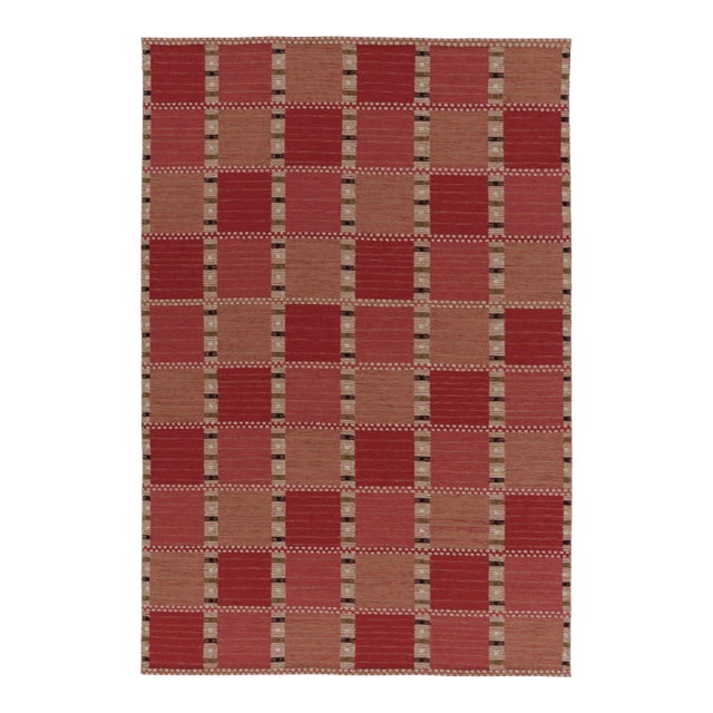 Rug & Kilim’s Scandinavian-Inspired Rug, Geometric Patterns in Red and Pink For Sale