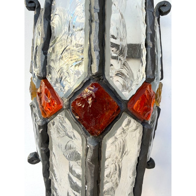 Pair of Hammered Glass Wrought Iron Sconces by Longobard, Italy, 1970s For Sale - Image 9 of 12