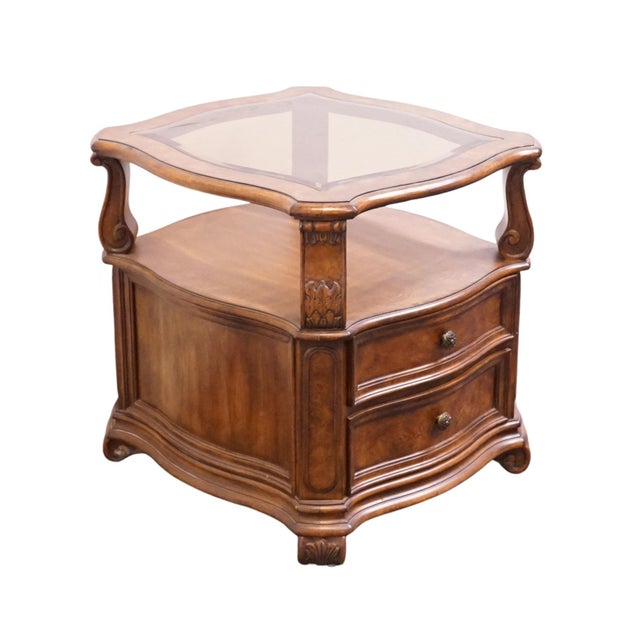 DREXEL HERITAGE Talavera Collection Walnut Contemporary Spanish Mediterranean 27" Square Glass Topped Accent End Table 29"...