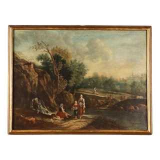 Landscape with Figures, Oil on Canvas, Framed For Sale