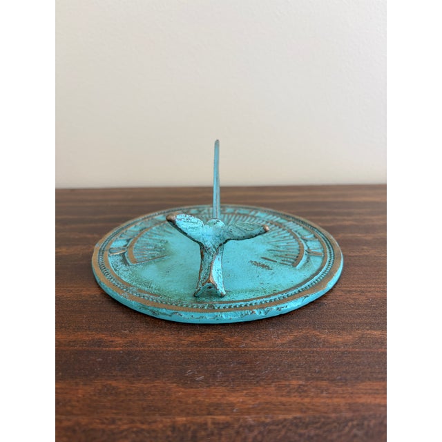 Farmhouse Vintage English Country Iron Verdigris Garden Sundial With Hummingbird For Sale - Image 3 of 7