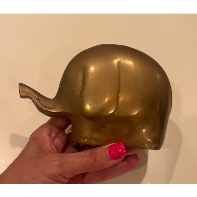 1960s Vintage Brass Elephant Bank Made in Korea Trunk Up W/Brass Stopper 1960’s For Sale - Image 5 of 6