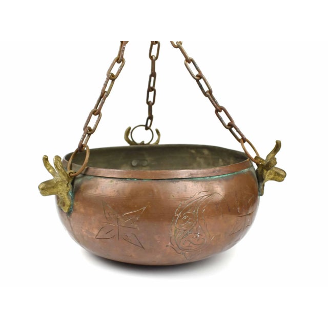 Vintage Handmade Engraved Turkish Copper Hanging Planter Decorative Bowl With Brass Bull Moose