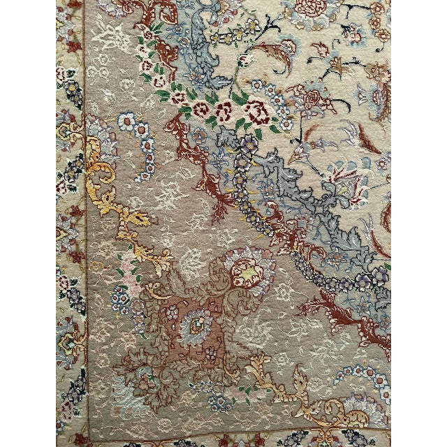 Vintage Persian Tabriz Rug, Finely Hand-Knotted Wool & Silk, Floral Pattern, Ivory & Blue, 7x10 For Sale - Image 11 of 12